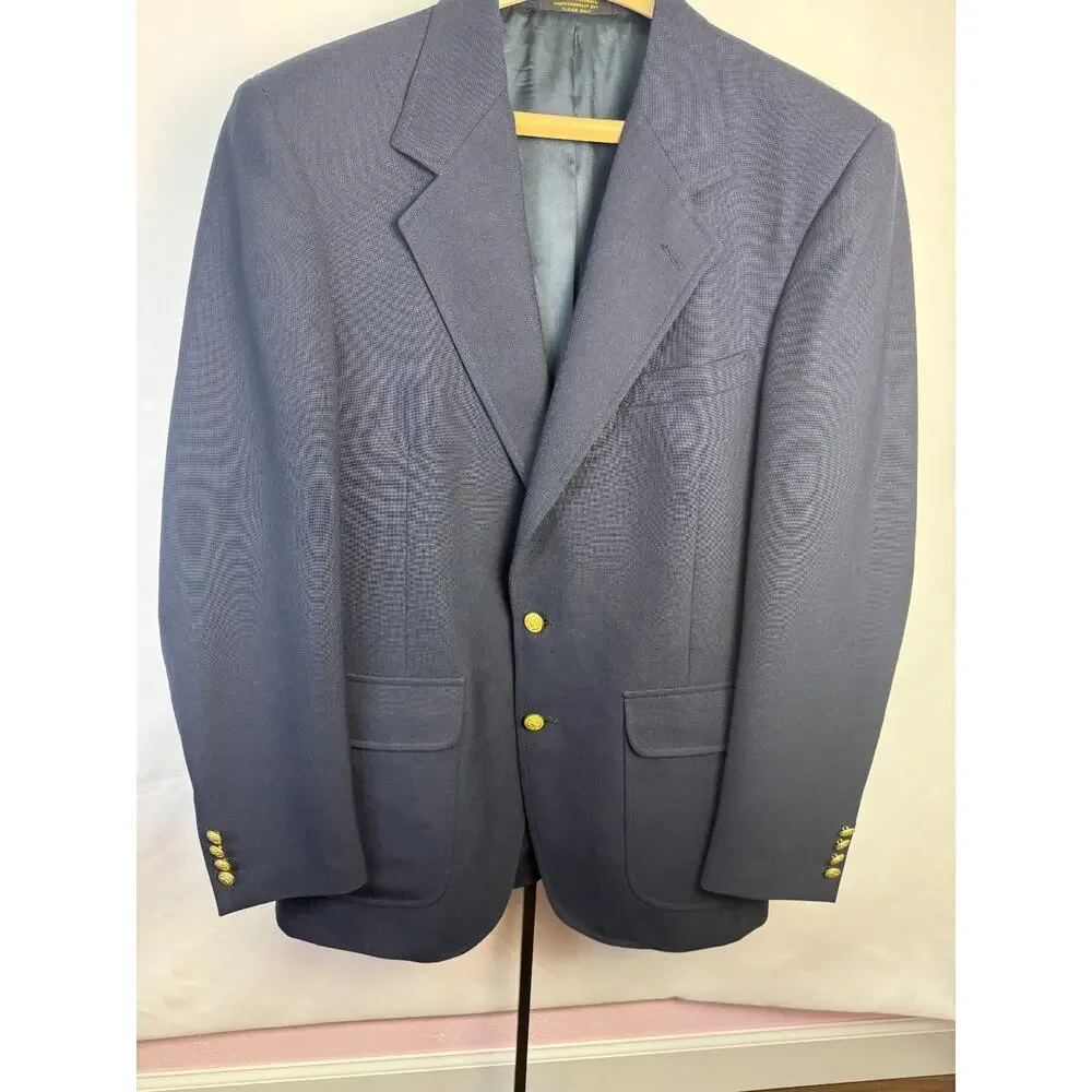 Domenico Navy Wool Blend Blazer Gold Crest Buttons Preppy 40L Country Club Style